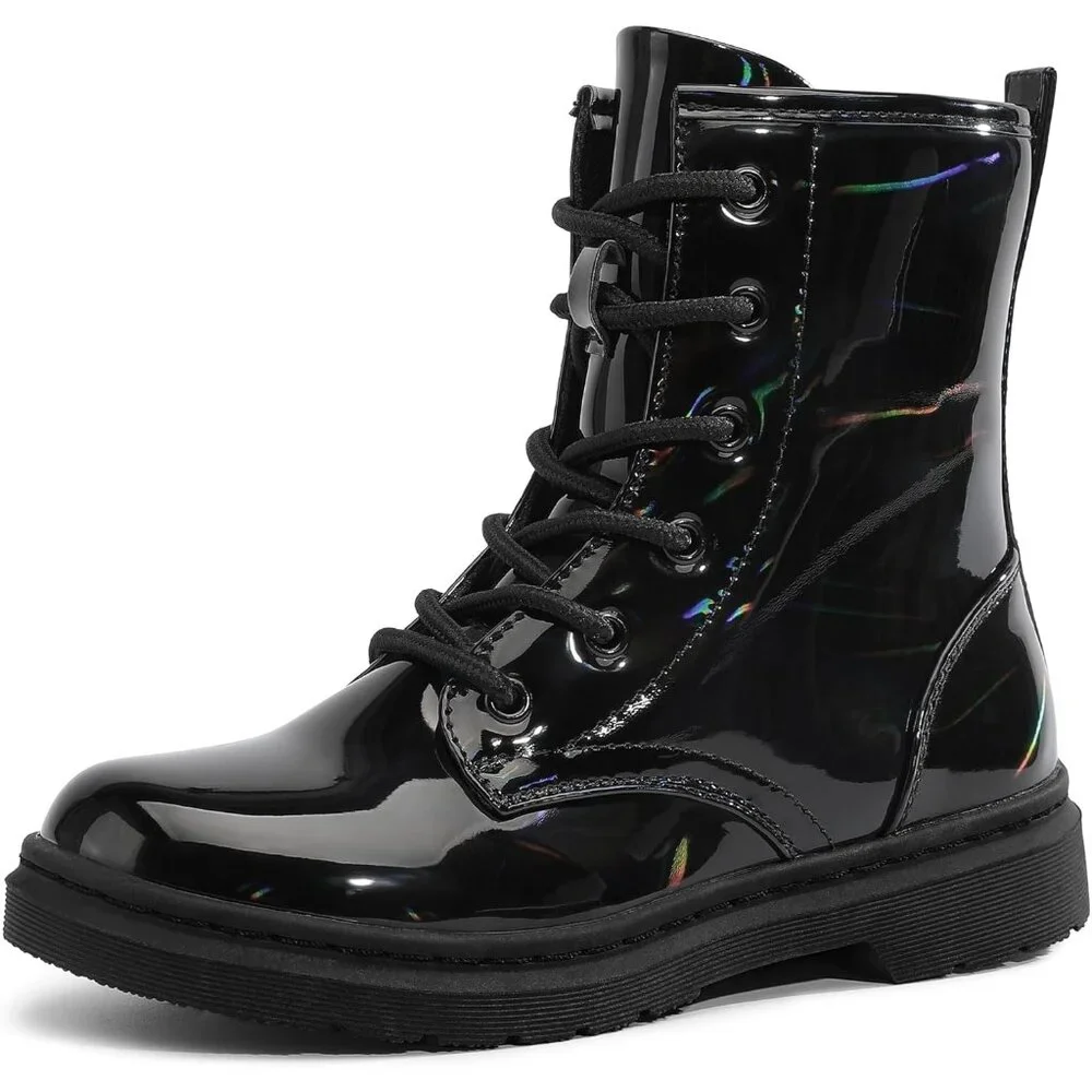 Girls Black Rubber Ankle Side Zipper Lace Up Stylish Comfort Glitter‎ Boots